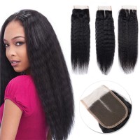 Malaysian Kinky Straight Yaki Hair Weave Front Lace Closure With Yaki Bulk Hair Bundles